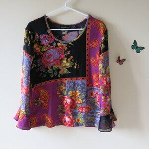 Temptation Floral Patch Cotton Viscose Long Sleeve Bohemian Beaded Blouse Size L